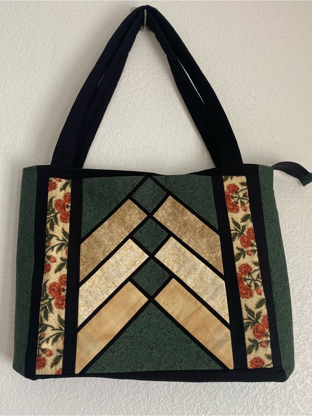 Handmade green floral patchwork quilted tote bag